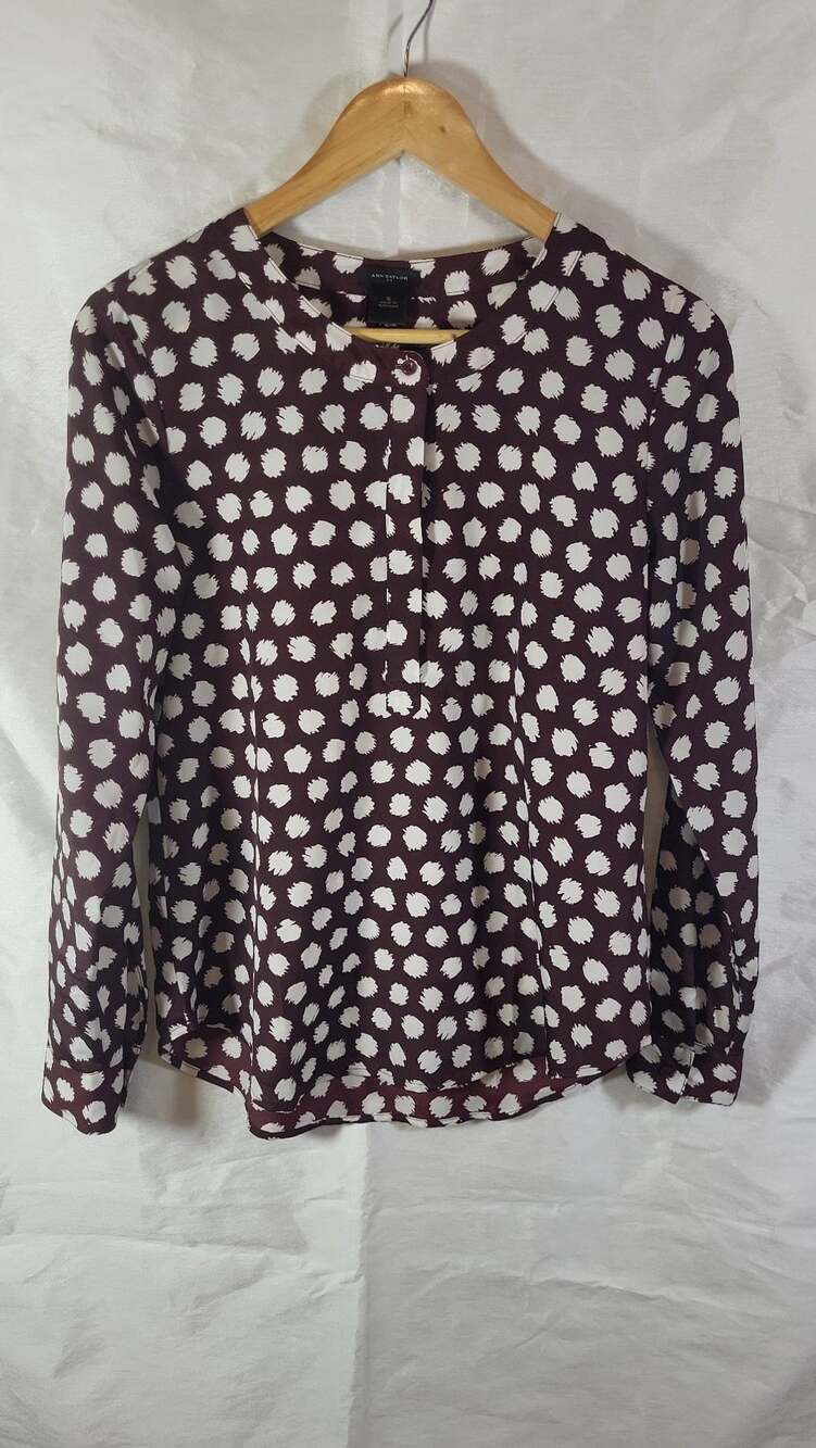 Ann Taylor Women's Small Maroon Polka Dot Long Sleeve Blouse